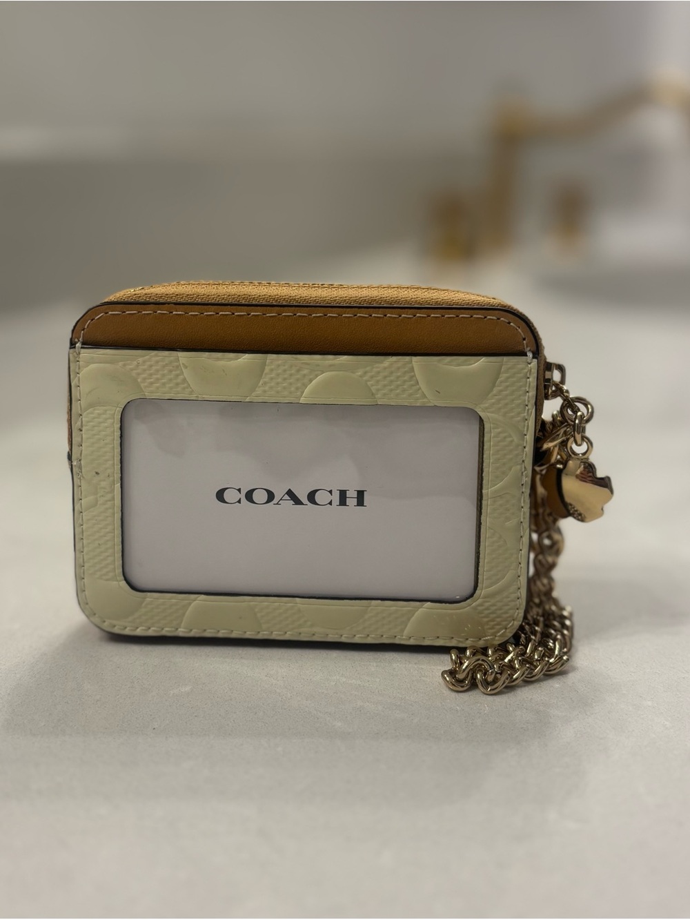 Coach Cream and Tan Signature Leather Cardholder with Charm Chain (New) - Picture 3 of 5